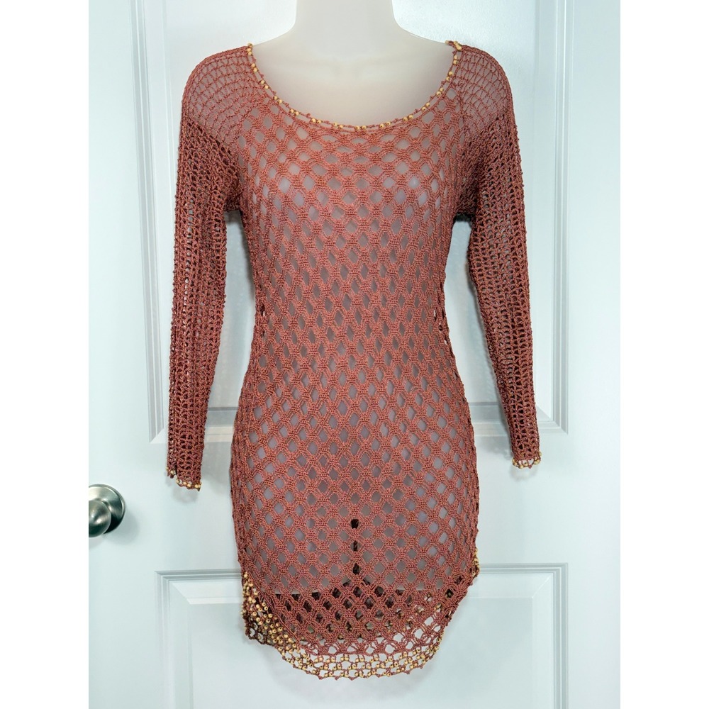 Shine New York Crochet Knit Beaded Mini Dress Cover Up Pink Swim Wear‎ Small